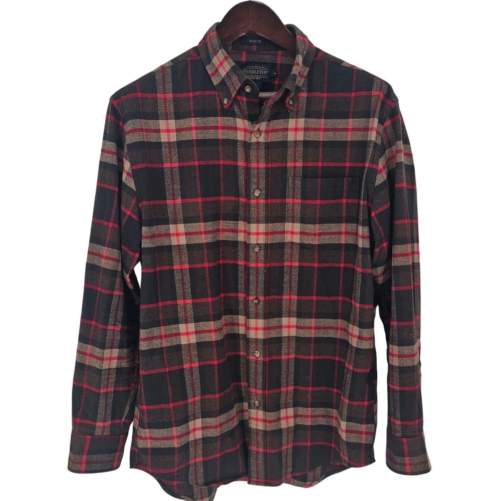 Pendleton Mason Tartan Plaid Flannel Shirt Men's M Brown Red Cotton Button Down